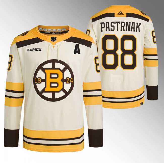 Men's Boston Bruins #88 David Pastrnak Cream With Rapid7 Patch 100th Anniversary Stitched Jersey Dzhi